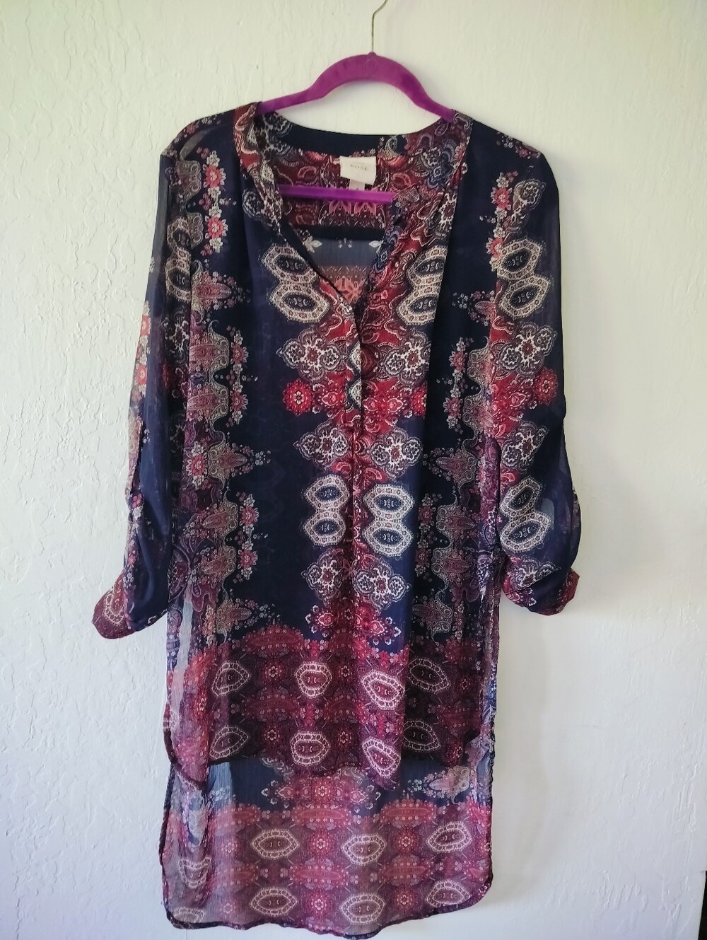 Knox Rose Paisley Boho Tunic Blouse Size S Burgundy & Navy Flowy High-Low Top